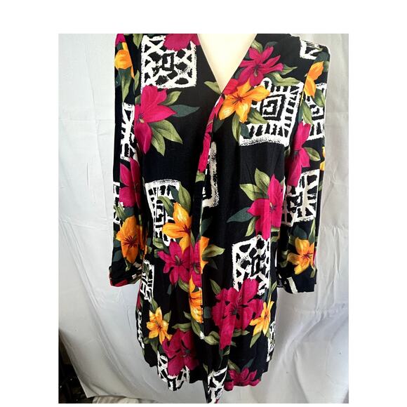 Just Amanda  Vintage size 10 over shirt open 3/4 sleeves USA Rayon black print - Picture 2 of 11